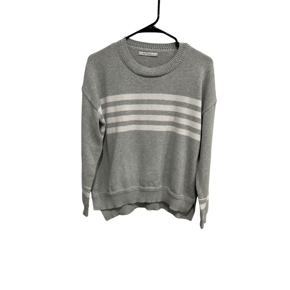 Harper Lane Striped Pullover Sweater Gray White Sz Large Crewneck Cotton Knit
